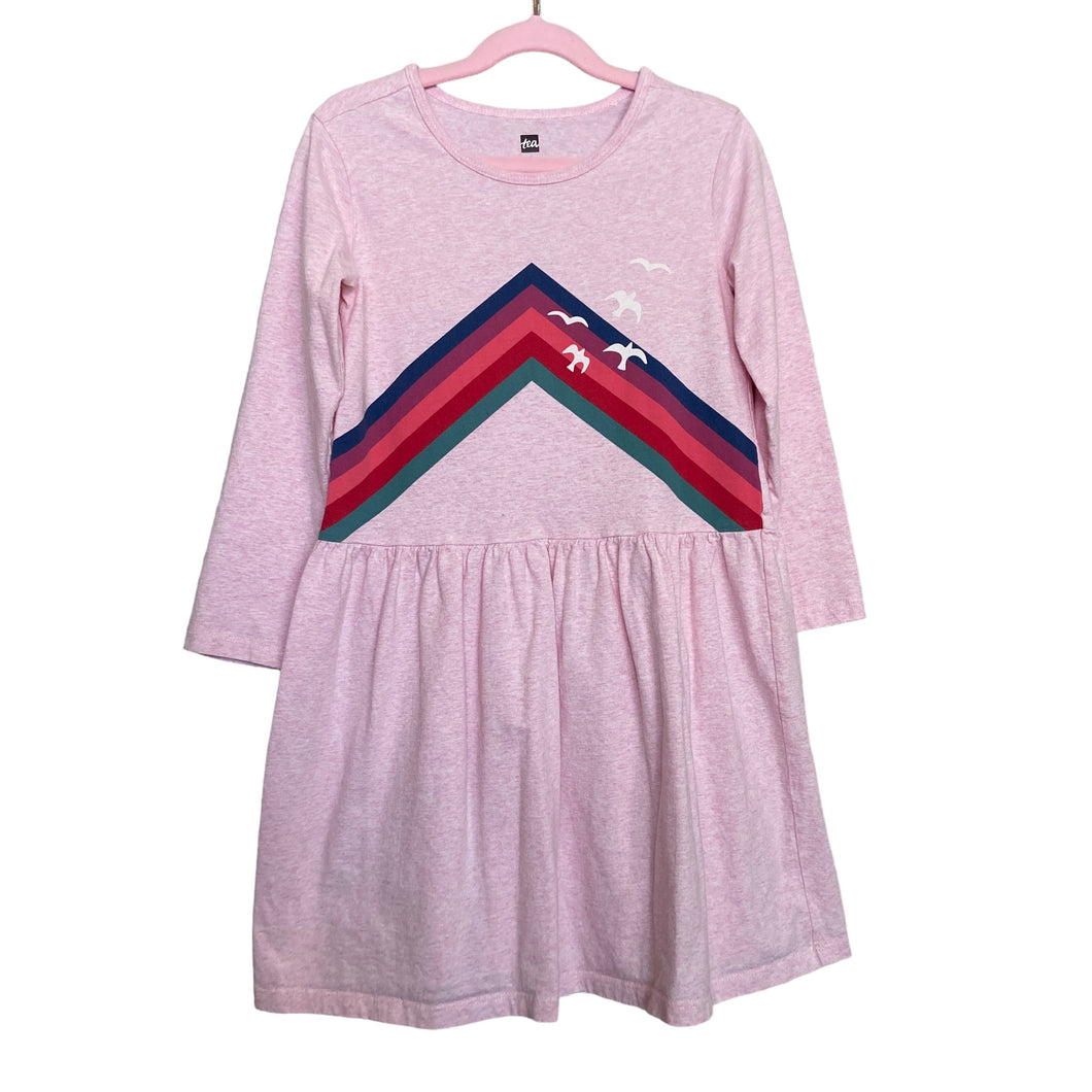 Tea | Girls Light Pink Heather Chevron and Bird Patterned Long Sleeved Cotton Dress | Size: 8Y