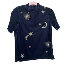 Load image into Gallery viewer, Boden | Girls Navy Blue w/ Metallic Moon and Stars High Neck Short Sleeved Top | Size 6-7Y
