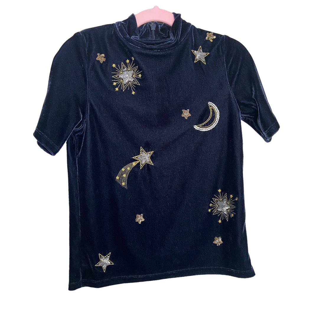 Boden | Girls Navy Blue w/ Metallic Moon and Stars High Neck Short Sleeved Top | Size 6-7Y