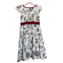 Load image into Gallery viewer, Tea | Girls White and Gray and Maroon Floral Graphite Print Short Sleeved Cotton Tiered Skirt Dress | Size: 8Y
