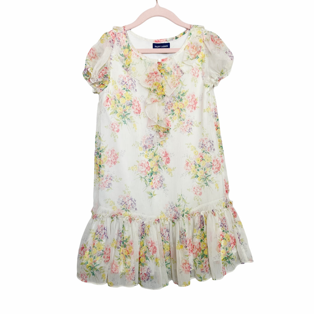 Polo Ralph Lauren | Girls Multi Colored Sheer Floral Print Short Sleeved Ruffle Dress | Size: 6Y