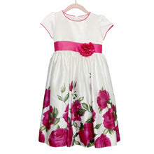 Load image into Gallery viewer, Girls White and Pink Floral Print Skirt Short Sleeved Dress with Ribbon Tie | Size: 6Y
