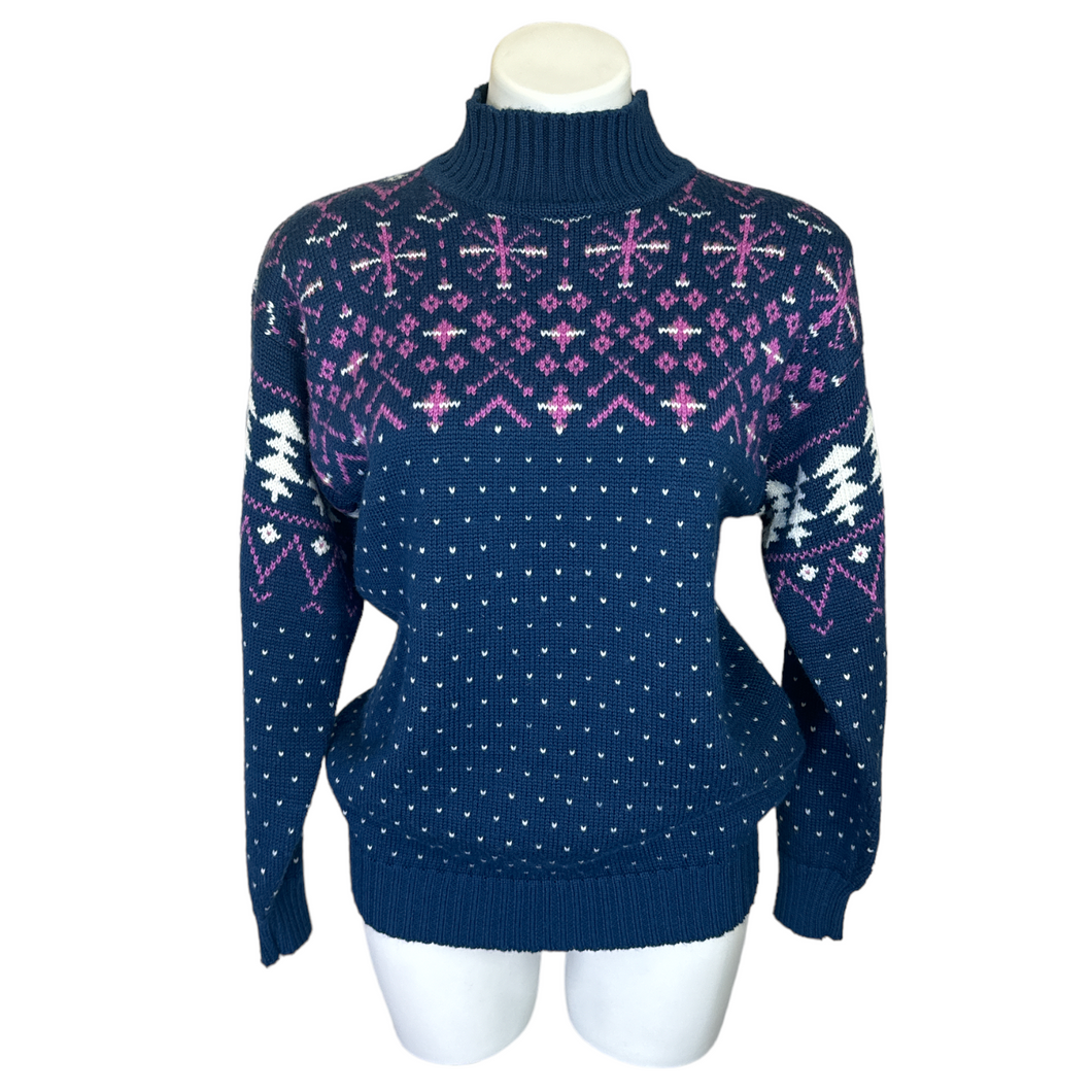 Summit County | Womens Vintage Blue and Purple Snowflake Print Turtleneck Wool Blend Pullover Sweater | Size: M