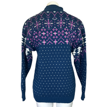 Load image into Gallery viewer, Summit County | Womens Vintage Blue and Purple Snowflake Print Turtleneck Wool Blend Pullover Sweater | Size: M

