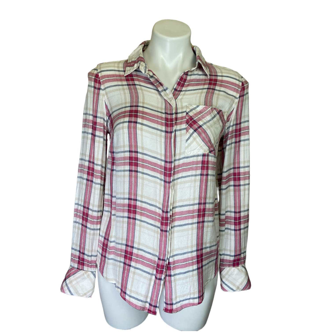 White House Black Market | Women's White and Pink Plaid Button Down Top | Size: 2