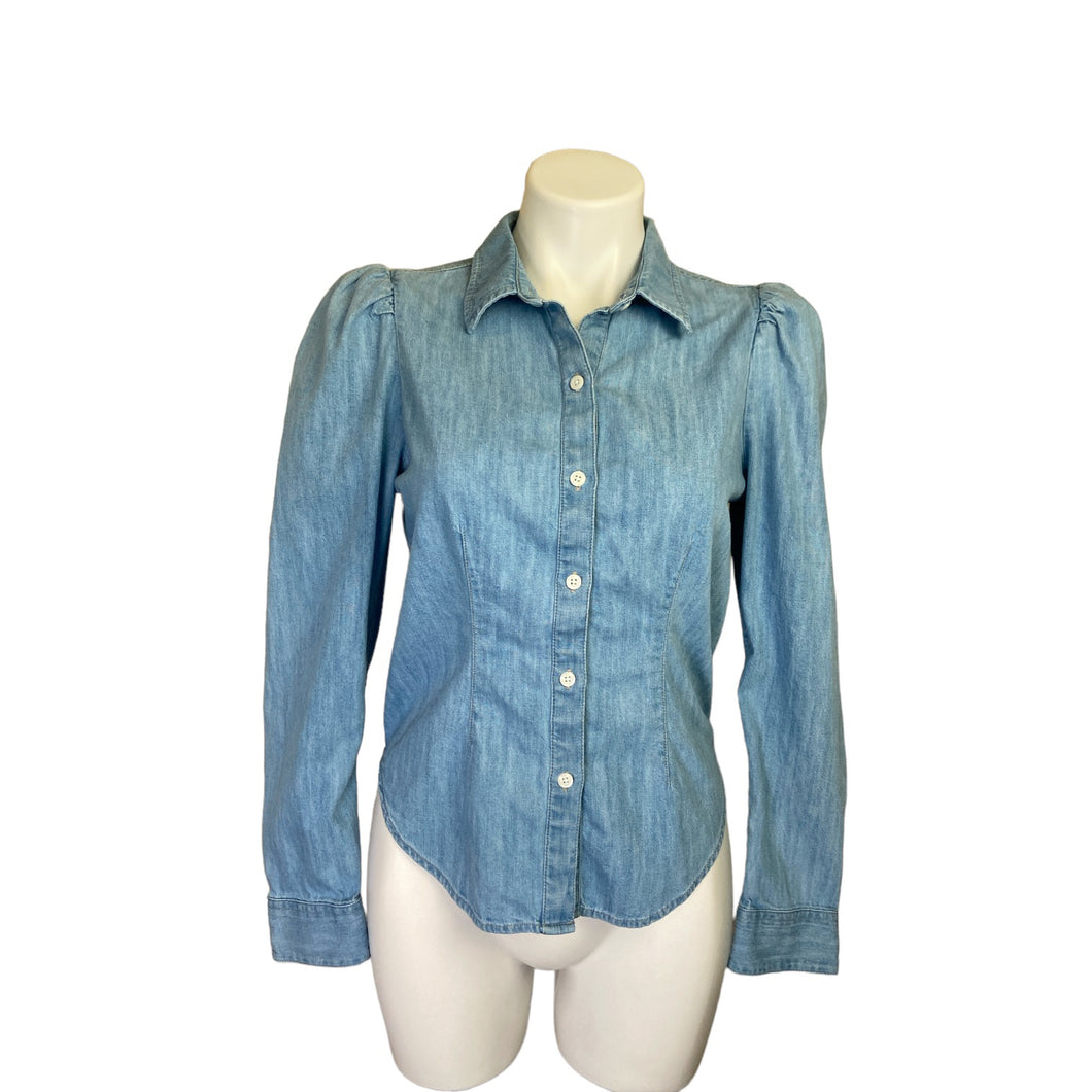 Express | Women's Blue Denim Fitted Puff Sleeve Button Down Top | Size: S