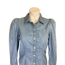 Load image into Gallery viewer, Express | Women&#39;s Blue Denim Fitted Puff Sleeve Button Down Top | Size: S

