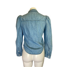 Load image into Gallery viewer, Express | Women&#39;s Blue Denim Fitted Puff Sleeve Button Down Top | Size: S

