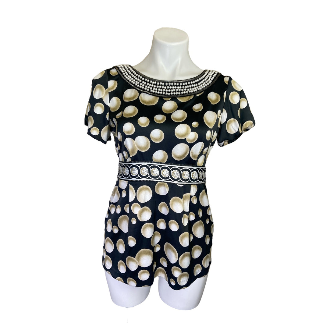 Eci | Women's Black Pattern Beaded Neck Short Sleeve Top | Size: 4