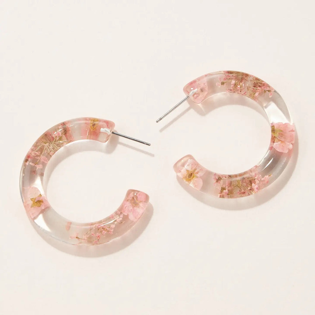 Women's Pink Pressed Flower Medium Hoop Earrings