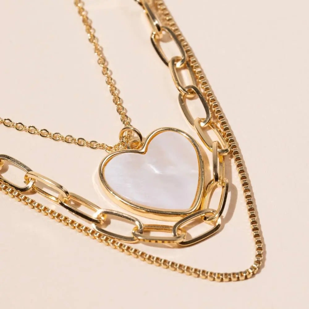 Women's Gold Heart Charm 3 Layer Necklace