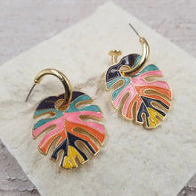 Load image into Gallery viewer, Women&#39;s Colorful Leaf Earrings on Small Gold Hoops
