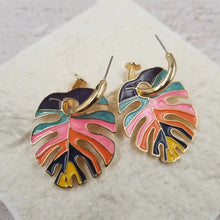 Load image into Gallery viewer, Women&#39;s Colorful Leaf Earrings on Small Gold Hoops
