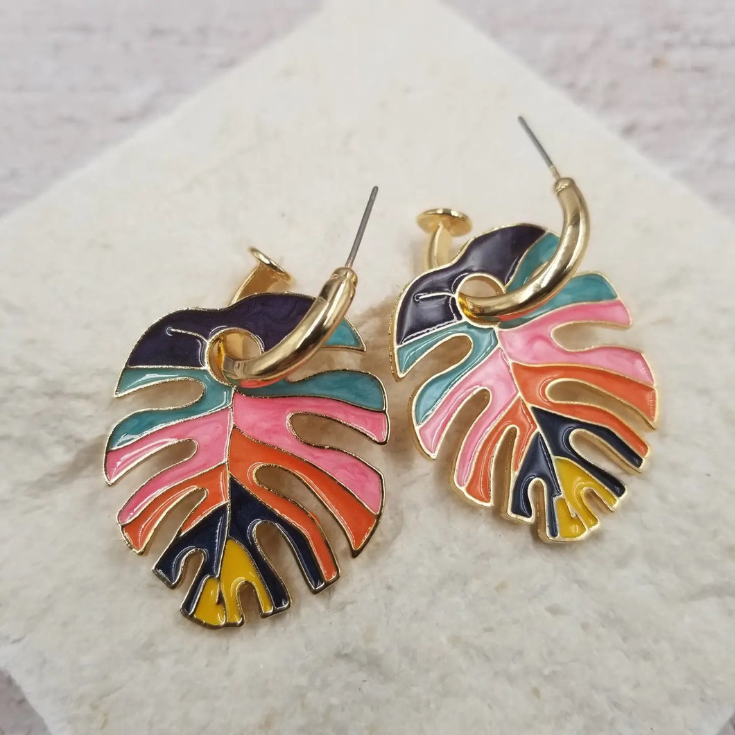 Women's Colorful Leaf Earrings on Small Gold Hoops