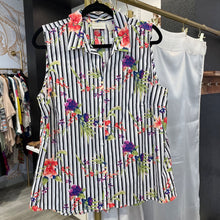 Load image into Gallery viewer, Chico&#39;s | Women&#39;s Black and White Stripe Floral Sleeveless Button Down Top | Size: L
