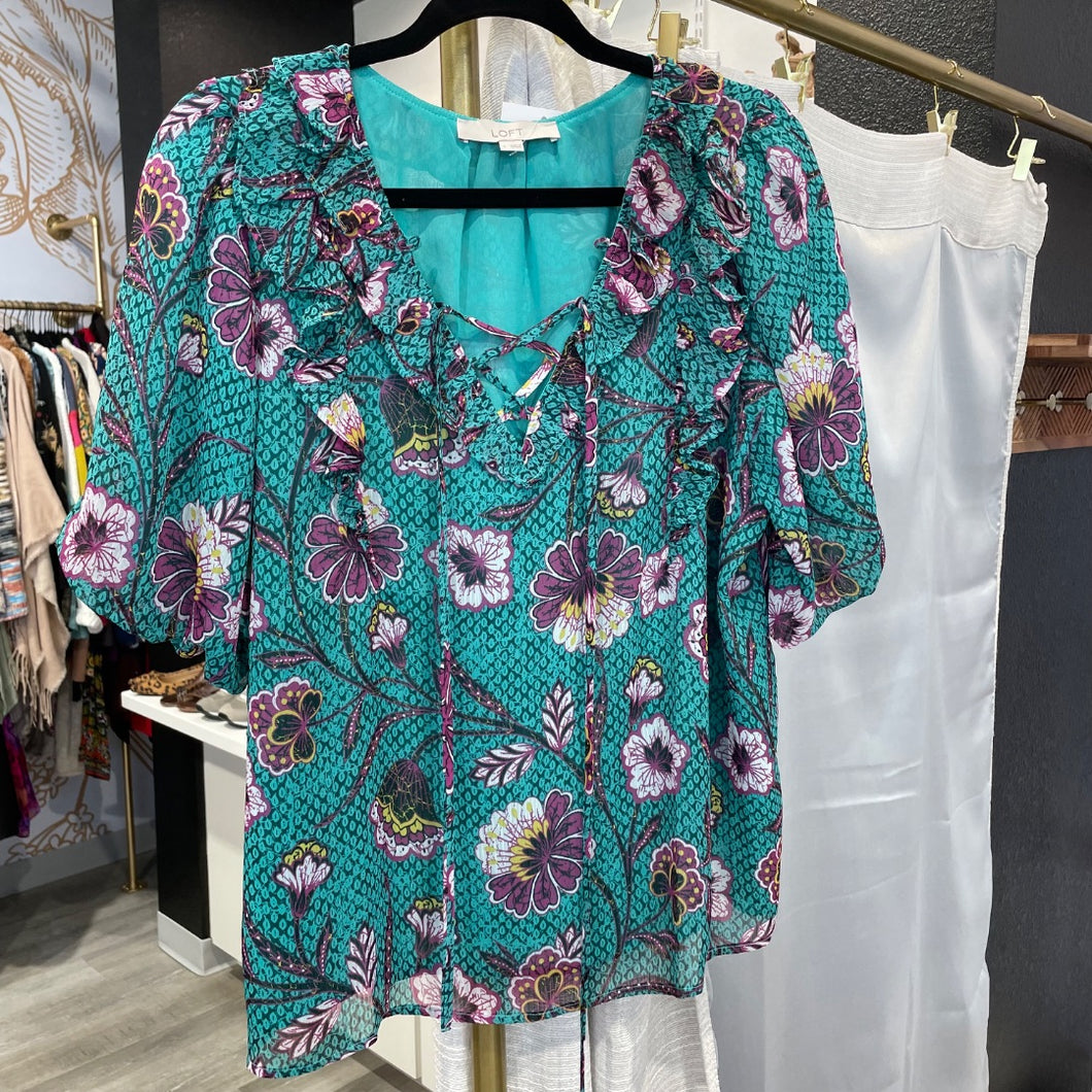 LOFT | Women's Blue with Purple Floral Detail Top | Size: L