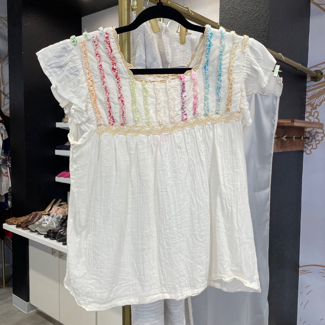 THML | Women's Cream and Colorful Fuzzy Short Sleeve Top | Size: S