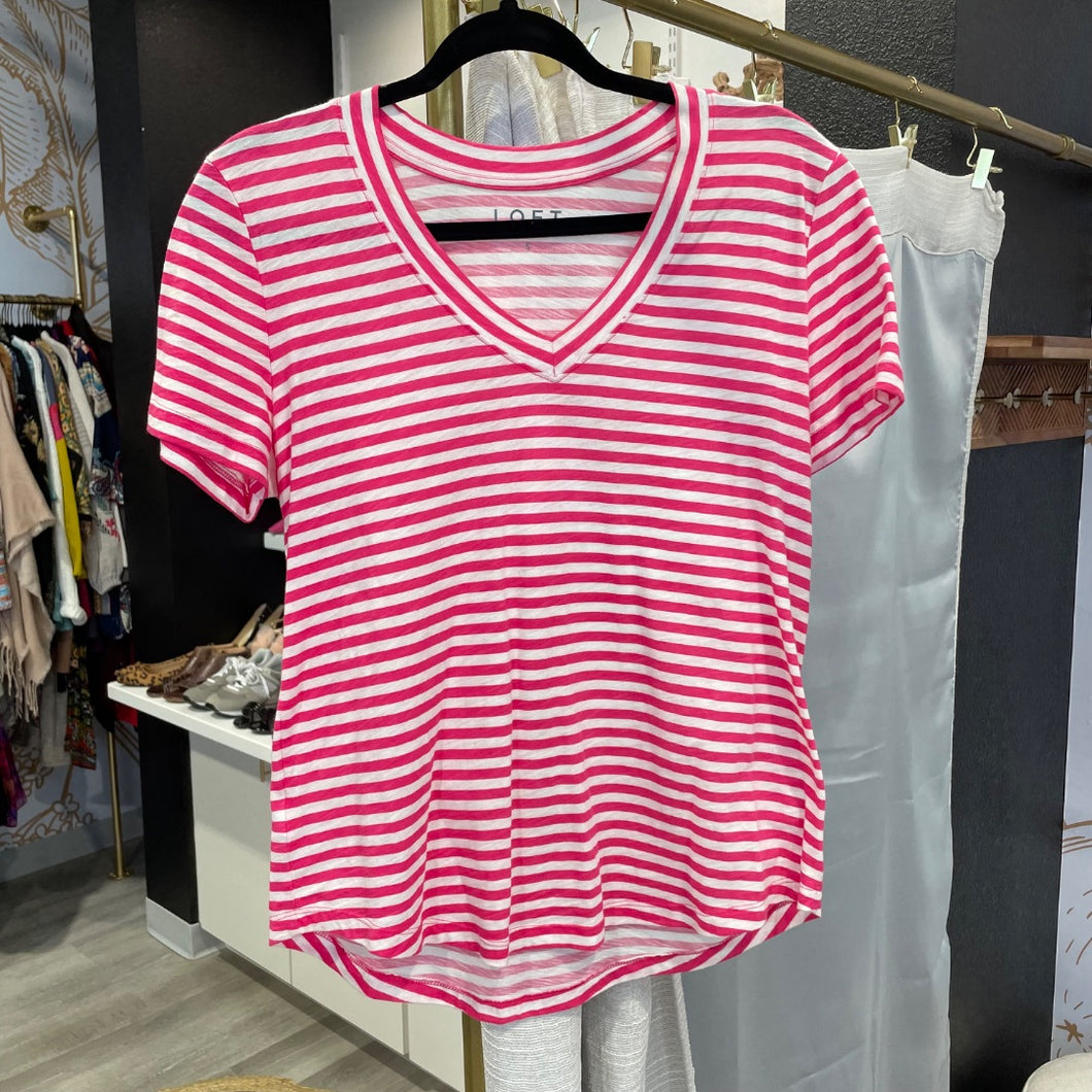 Loft | Women's Pink and White Stripe V Neck Top | Size: S