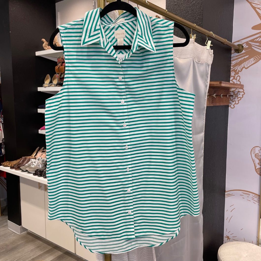 Chico's | Women's Green and white Stripe Sleeveless Collar Shirt | Size: L