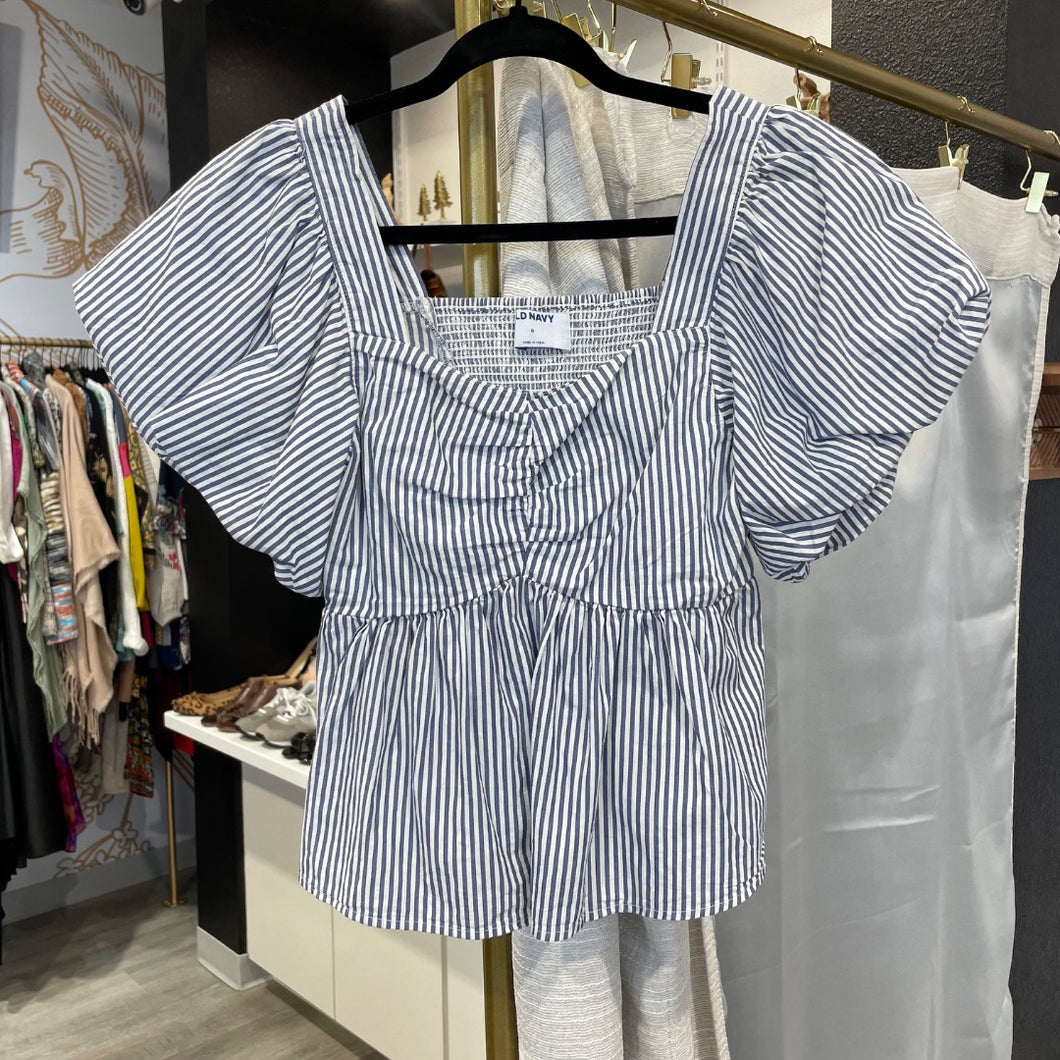 Old Navy | Women's Blue and White Short Sleeve Puff Sleeve Top | Size: S