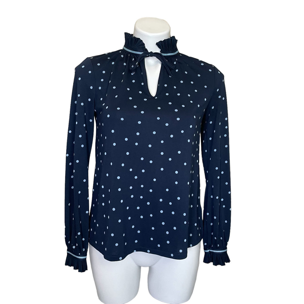 Boden | Womens Navy Blue Polka Dot Tie Neck Top | Size: 2