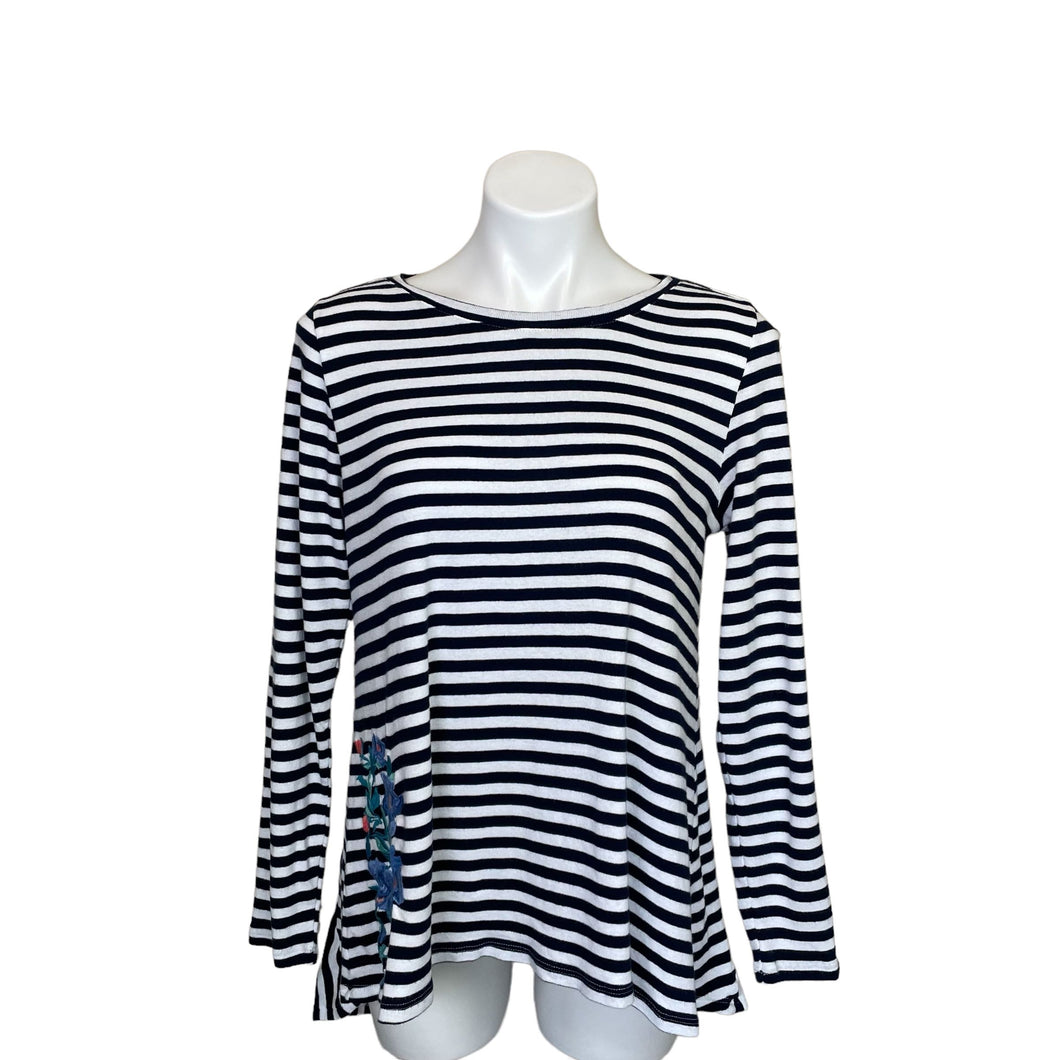 Soft Surroundings | Womens Blue and White Stripe Embroidered Flower Embroidered Long Sleeve Top | Size: M