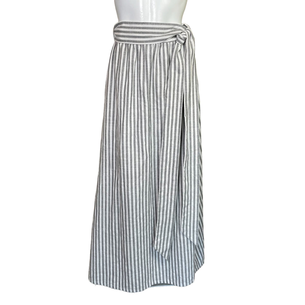 Shabby Apple | Women's Gray and Cream Stripe Tie Waist Maxi Skirt | Size: M