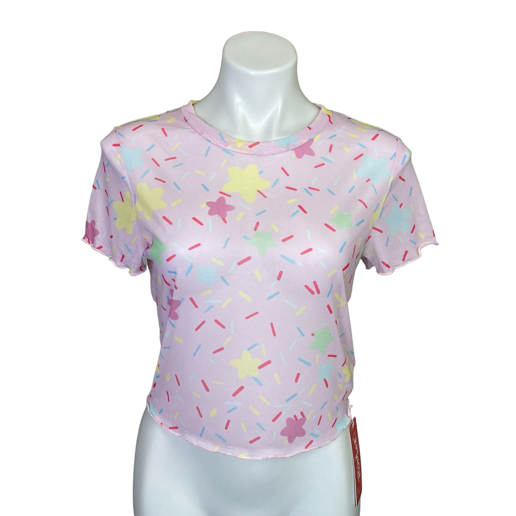 Romwe | Women's Sheer Mesh Star Print Short Sleeve Tee | Size: L