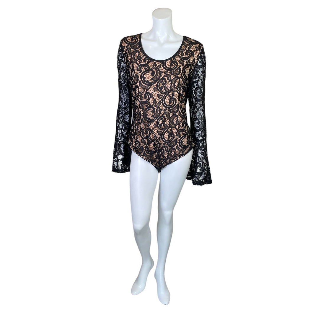 Fantazia | Women's Black and Nude Lace Long Sleeve Bodysuit with Tags | Size: L