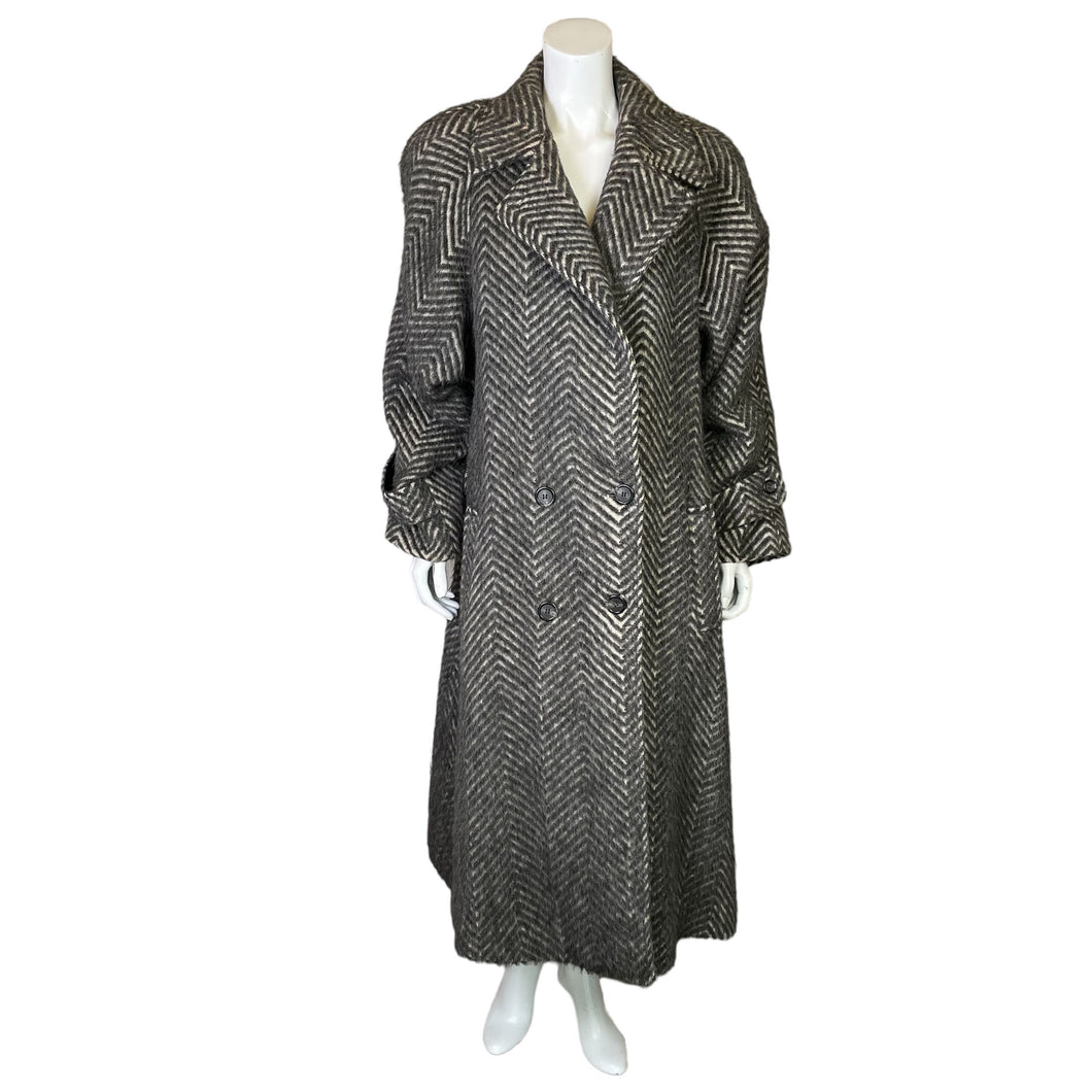 Arnold Manus | Women's Vintage 100% Alpaca Gray and Cream Chevron Pattern Trench Coat | Size: 14