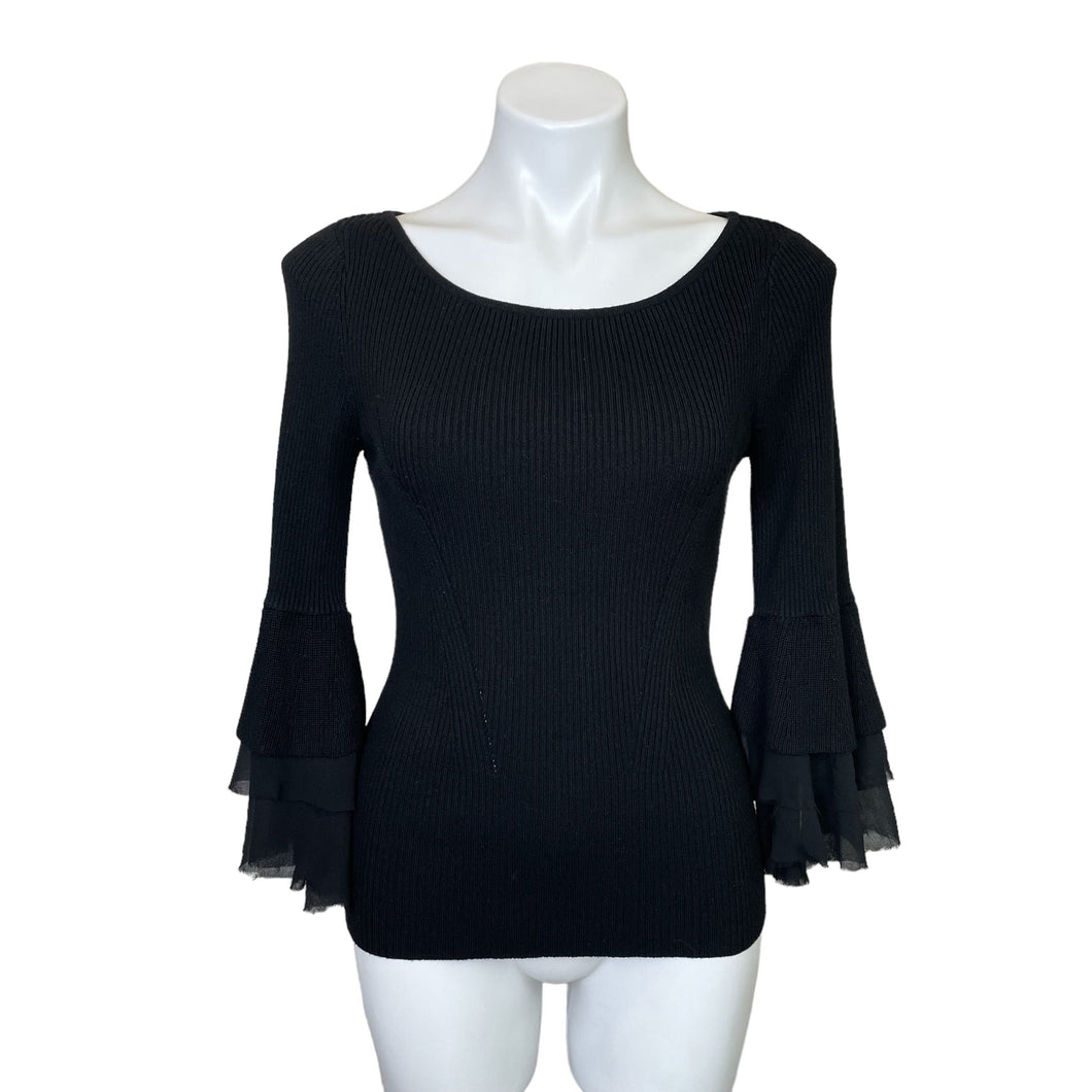 White House Black Market | Women's Black Ribbed Long Sleeve Flutter Sweater | Size: XS