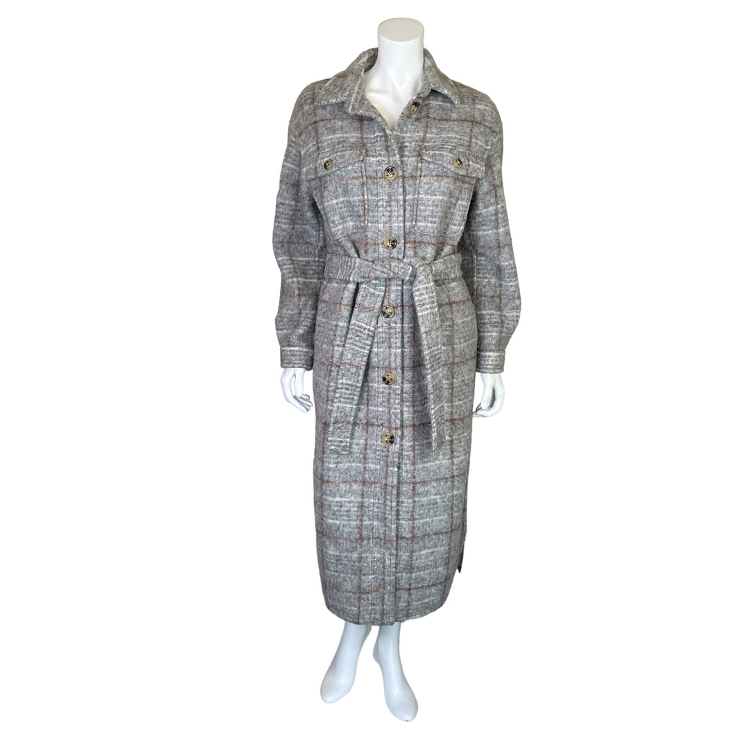 Express | Women's Gray and Brown Plaid Wool Blend Long Trench Coat | Size: XS