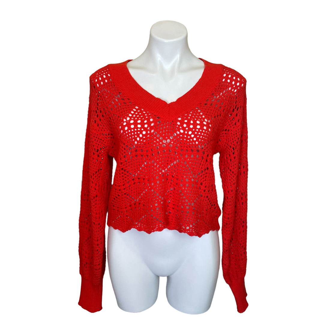 525 | Women's Red Open Knit Crop Pullover Sweater | Size: M