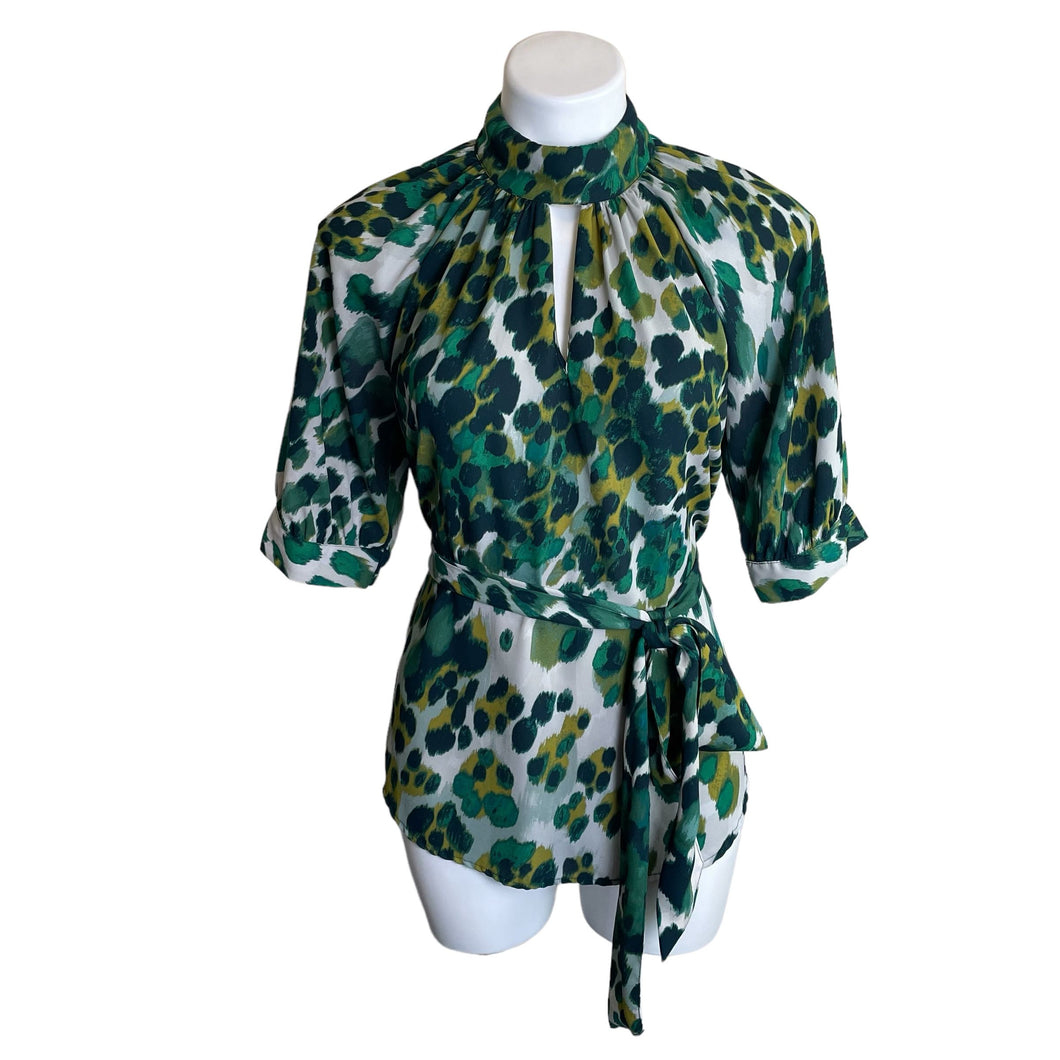 New York & Company | Women's Green Leopard Print Short Sleeve Blouse | Size: M