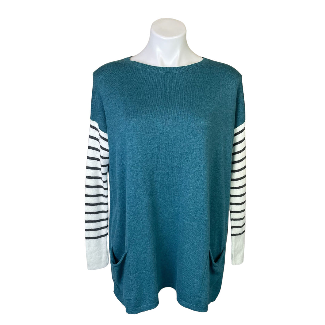 Matilda Jane | Women's Turquoise Pullover Sweater with Striped Sleeves | Size: S