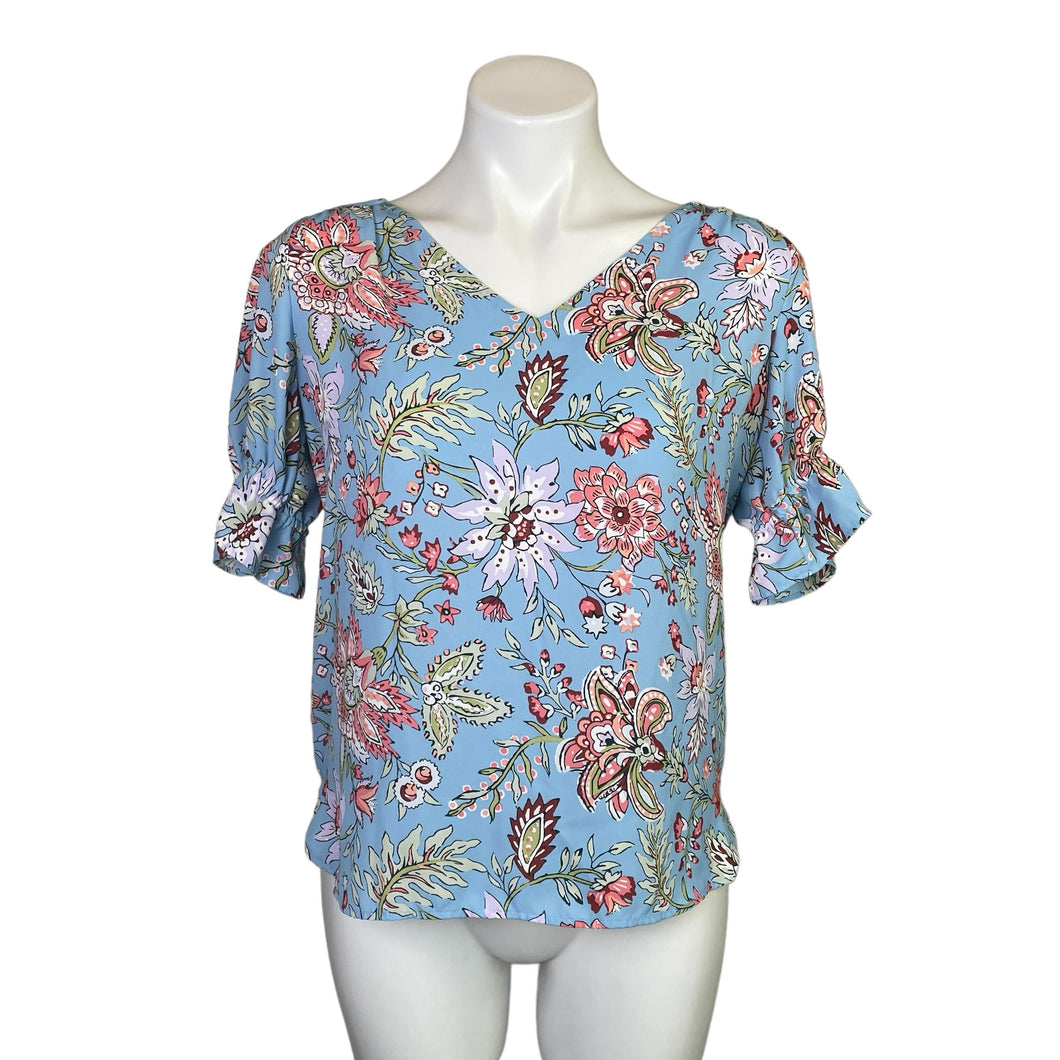 Loft | Women's Light Blue Floral Print Short Sleeve Blouse | Size: XS