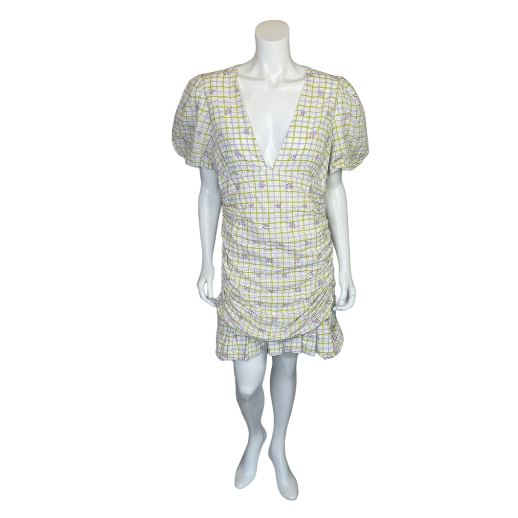Zara | Women's White, Green and Purple Checkered Drape Mini Dress with Balloon Sleeves | Size: XXL