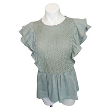 Load image into Gallery viewer, GAP | Women&#39;s Sage Green Flower Eyelet Ruffle Short Sleeve Top | Size: S
