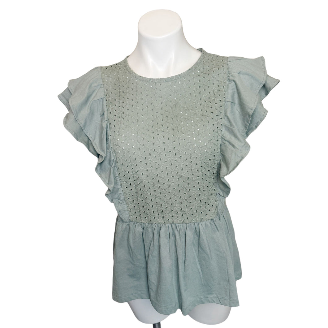 GAP | Women's Sage Green Flower Eyelet Ruffle Short Sleeve Top | Size: S