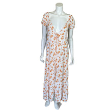 Load image into Gallery viewer, Flynn Skye | Women&#39;s White and Orange Floral Print Short Sleeve Long Wrap Dress | Size: XS
