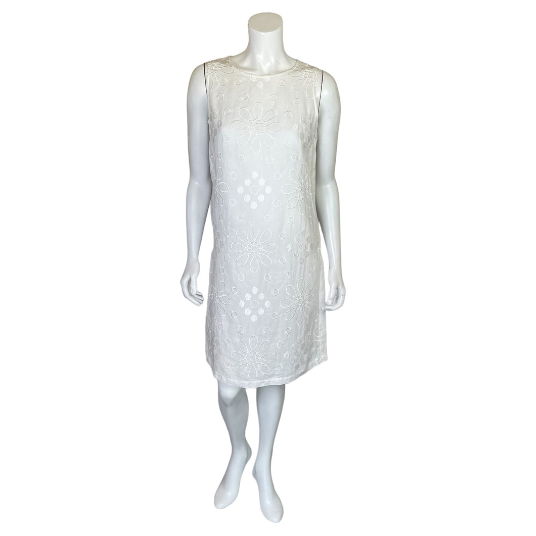 Puro Lino | Women's White 100% Linen Embroidered Flower Sleeveless Dress | Size: S