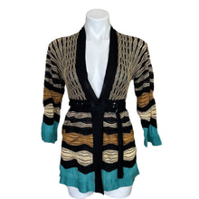 Load image into Gallery viewer, Missoni | Women&#39;s Black, Gold and Teal Knit Tie Waist Top | Size: S
