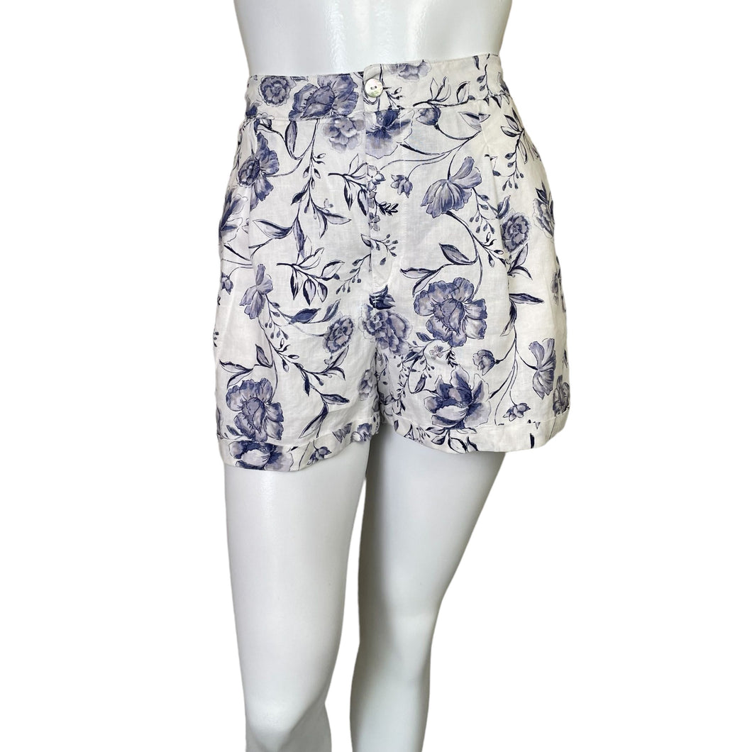 Cynthia Rowley | Women's Blue and White Floral Design 100% Linen Shorts | Size: 8