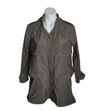 Load image into Gallery viewer, Sun Kim | Women&#39;s Taupe Tiered Button Front Rain Jacket | Size: S
