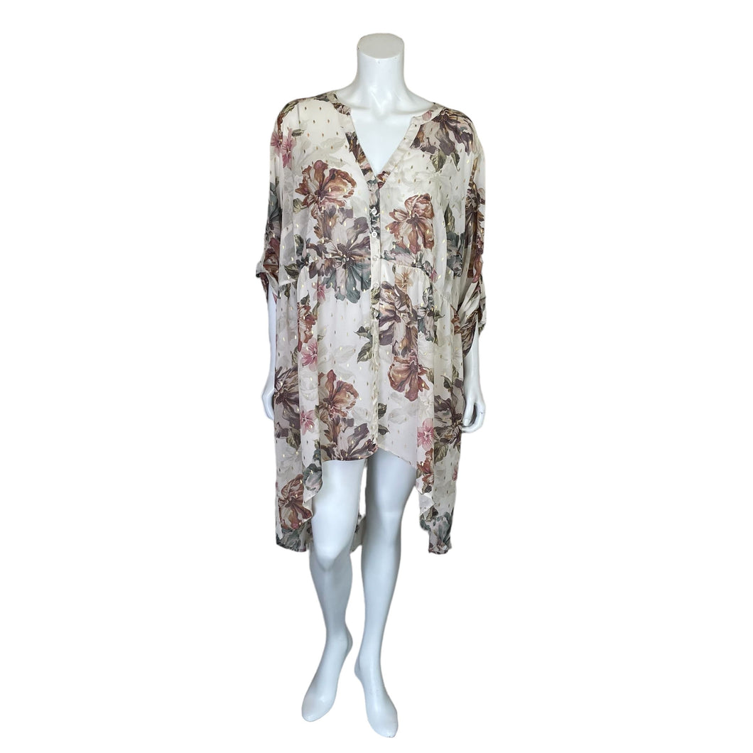 Torrid | Women's Cream Floral Print Sheer Button Down Long Sleeve Dress | Size: 3X