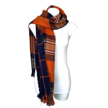 Load image into Gallery viewer, Mud Pie | Women&#39;s Orange and Navy Blue Plaid Blanket Scarf with Tags
