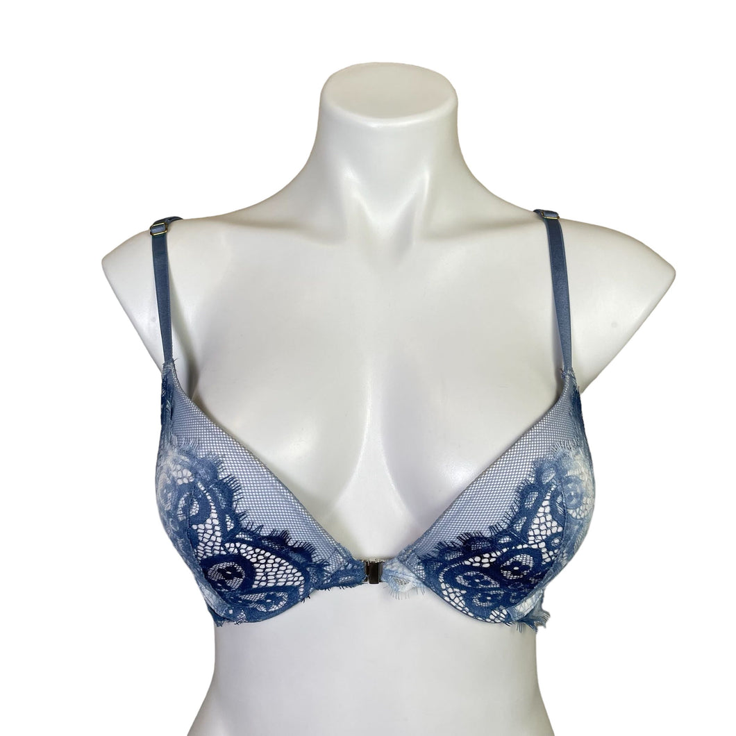 Victoria's Secret | Women's Blue and White Lace Floral Front Hook Padded Push Up Bra | Size: 32D