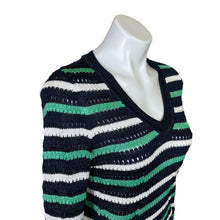 Load image into Gallery viewer, White House Black Market | Women&#39;s Navy Blue, White and Green Stripe Knit V Neck Pullover Sweater | Size: XS
