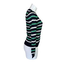 Load image into Gallery viewer, White House Black Market | Women&#39;s Navy Blue, White and Green Stripe Knit V Neck Pullover Sweater | Size: XS
