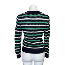 Load image into Gallery viewer, White House Black Market | Women&#39;s Navy Blue, White and Green Stripe Knit V Neck Pullover Sweater | Size: XS
